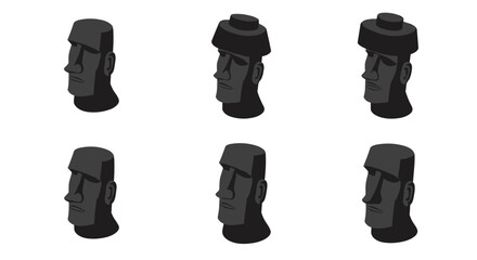 Isometric easter island heads with unique hats in monochrome art style