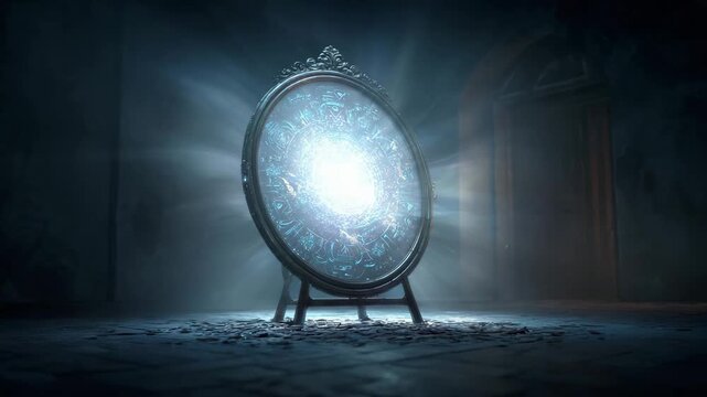 Mystical glowing magical mirror with intricate runes emitting blue light in a dark mysterious room, enchanted portal fantasy atmosphere, cinematic 8K ultra-realistic