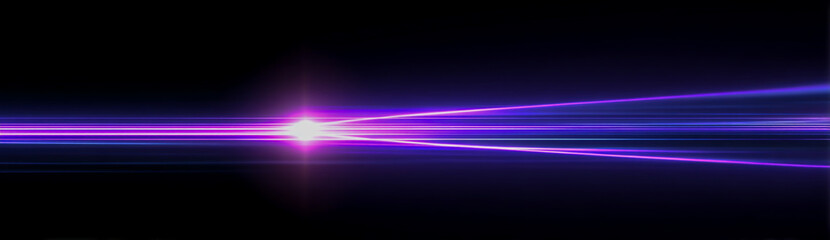 Abstract glowing purple and blue light streaks emanating from a bright starburst on a black background