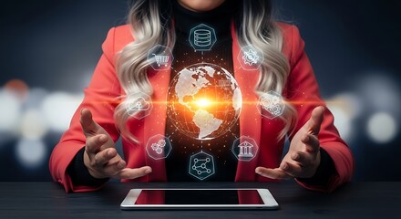 Modern Global Connection Concept with Woman Showing Technology Icon Graphic Display