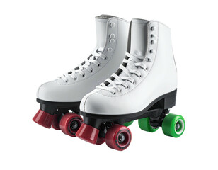 Two white roller skates with red and green wheels on a black background