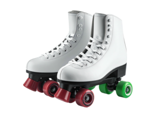Two white roller skates with red and green wheels on a black background