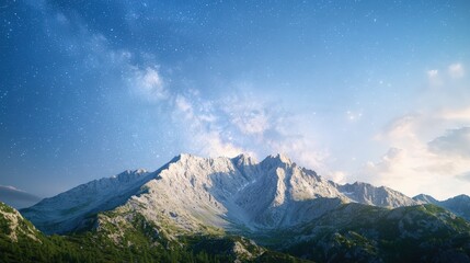 An enchanting scene of majestic mountain peaks rising under a celestial canopy filled with stars, with the Milky Way clearly visible. The dramatic lighting creates depth and emphasizes the unique