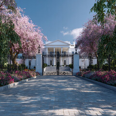 Iconic white house entrance with blooming cherry blossom trees and manicured gardens under a clear blue sky