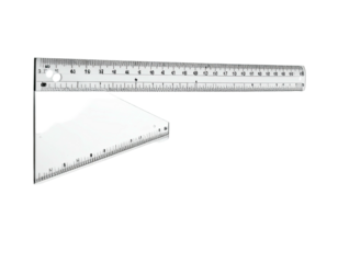 A white plastic ruler and square laid on a black background