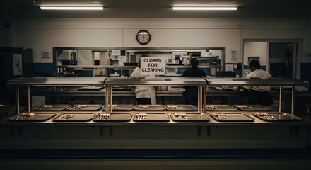 Cafeteria Serving Line Closed for Cleaning with Trays and Utensils.