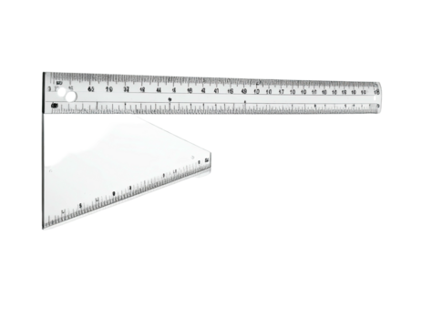 A white plastic ruler and square laid on a black background - Powered by Adobe