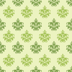 Ornate vintage floral design in shades of green on a pale background, repeating symmetrically.