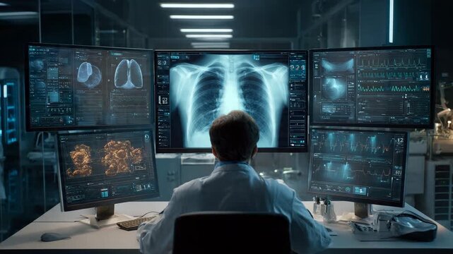 Doctor analyzing digital chest X-ray on multiple high-tech screens in a futuristic control room, advanced medical diagnostics, healthcare technology, 8K