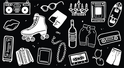 Vintage inspired graphic design elements featuring roller skate boombox and other iconic items
