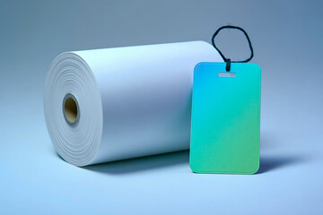 Blank teal and yellow tag attached to a roll of white paper on a blue background