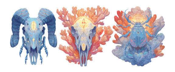 Surreal Artwork Featuring Animal Skulls and Coral in Vibrant Colors