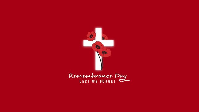 Remembrance Day Lest We Forget, Simple White Cross and Red Poppy Flower Animation on Red Background