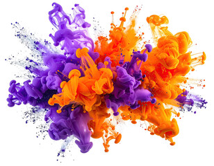 Explosive burst of vibrant orange, purple, and white paint against black