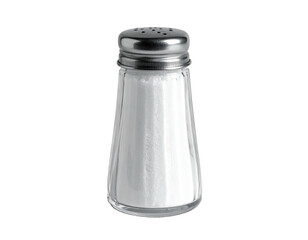 Close-up of a clear glass salt shaker with a metal top and white contents