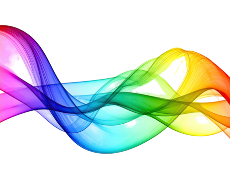 A vibrant, flowing, rainbow-colored abstract ribbon against a black background