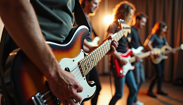 Group of musicians playing electric guitars on stage during performance  