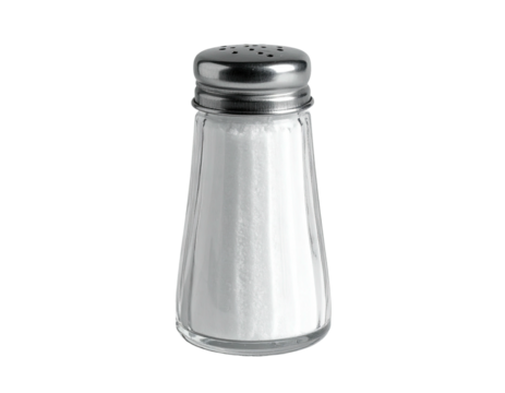 Close-up of a clear glass salt shaker with a metal top and white contents