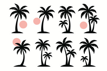 Collection of palm tree silhouettes with sun circles in minimalist design