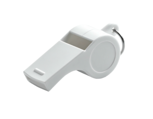 A white plastic whistle with a metal ring hangs at the top, on a black background