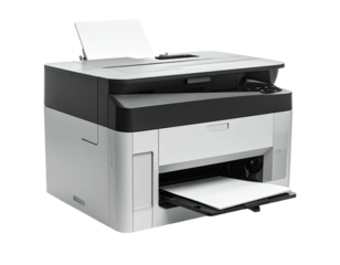 Modern office device displaying a printed page and receiving input from the tray