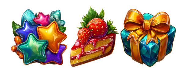 Colorful 3D Glossy Cartoon Icons with Cake, Stars, and Present Elements