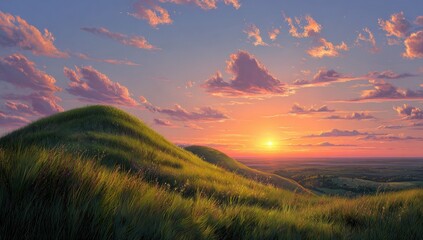 Serene sunset over gently rolling grassy hills, painted in warm oranges, pinks, and purples