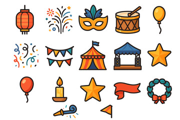 Festive icon set featuring banners, stars, lantern, drums, and balloons