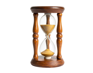 A wooden hourglass with sand flowing from the top bulb to the bottom