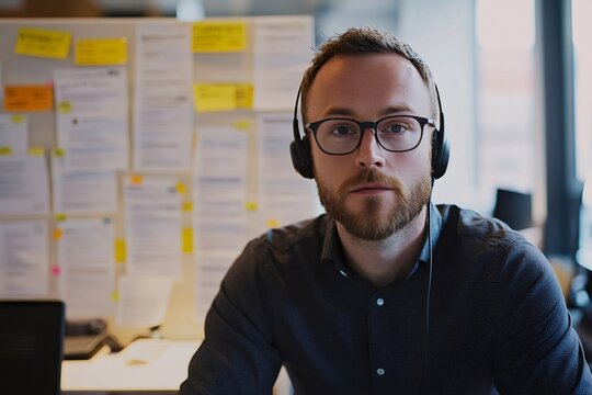 Male professional wearing headphones works in a modern open plan office, focusing on his job and connecting with others