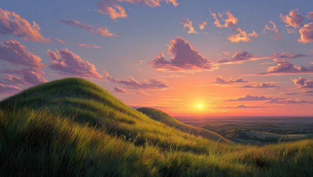 Serene sunset over gently rolling grassy hills, painted in warm oranges, pinks, and purples
