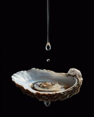 A single oyster shell rests on a black background, catching drips of clear liquid.  The shell's interior reflects light, and several droplets are suspended in mid-air