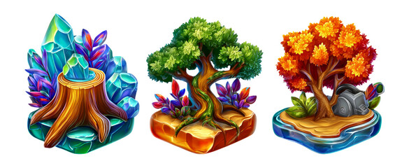 Colorful 3D Cartoon Forest Elements with Glossy Details and Isolated Background