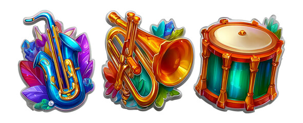 Colorful Cartoon Musical Instruments in Glossy 3D Style with Isolated Background