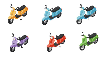 Isometric set of colorful scooters in various shades on white background