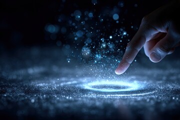 A fingertip gently touches a glowing, circular energy field emanating blue light and particles on a dark, textured surface