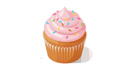 Delicious pink frosted cupcake with colorful sprinkles on white background