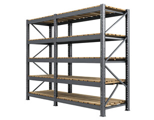 A metal and wood storage rack with four shelves, empty and ready
