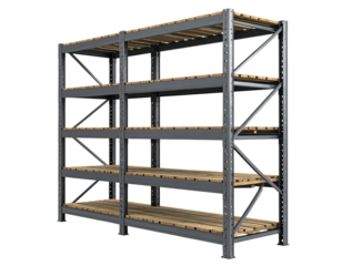 A metal and wood storage rack with four shelves, empty and ready