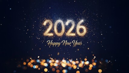 A festive Happy New Year 2026 greeting card. Gold and silver confetti and streamers fall on a dark blue background, creating a celebratory and elegant design.
