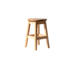A simple wooden stool isolated against a black background, sunlit