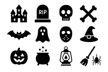 Halloween icons: haunted castle, headstone, skull, crossbones, bat, ghost, mask, witch hat, jack-o'-lantern, cauldron, lantern, broom, spider