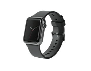 Sleek, dark smartwatch angled on a black background, displaying time