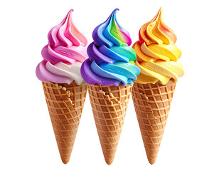 Three colorful ice cream cones with swirled soft serve