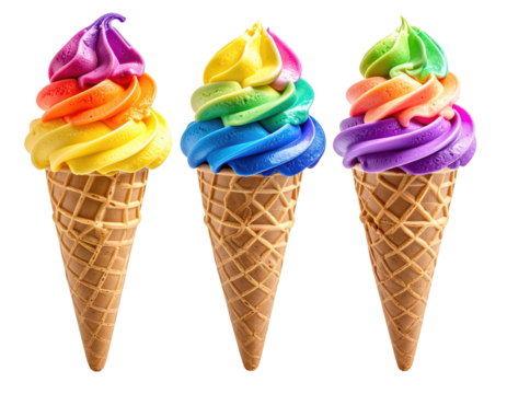 Three colorful ice cream cones with rainbow swirls on a transparent background