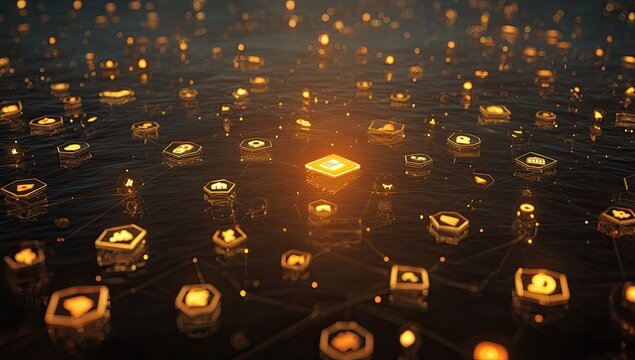 Glowing golden cubes interconnected on dark water, central cube brighter, suggesting network or data visualization
