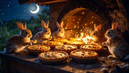 Rabbits Baking Pies by Firelight Under a Crescent Moon