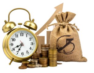 A clock, coins, sack, and arrow depict time and financial growth on black