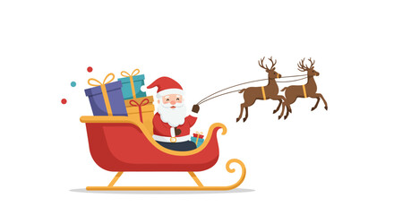Santa Claus Flying Sleigh with Reindeer and Christmas Gifts.