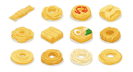 Fototapeta premium Assorted pasta shapes collection: spirals, twirls, and nest varieties in flat design